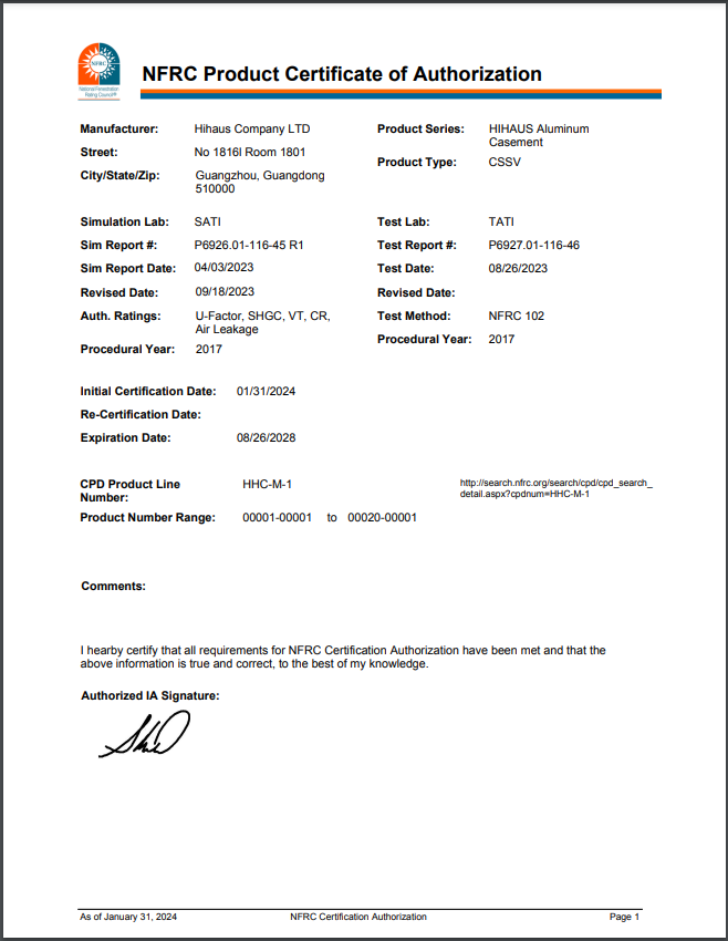 Hihaus NFRC Certification