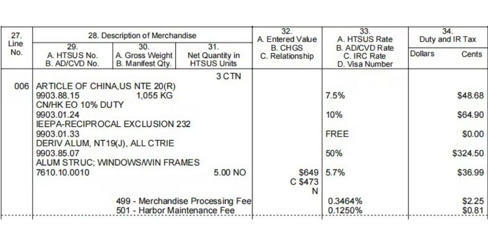 Hihaus CBP Form 7501 import duty calculation HTS 7610.10